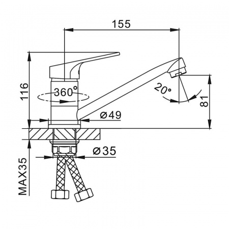 FRAP смеситель для кухни шаровый D35мм , F4513-2, гайка излив 15см