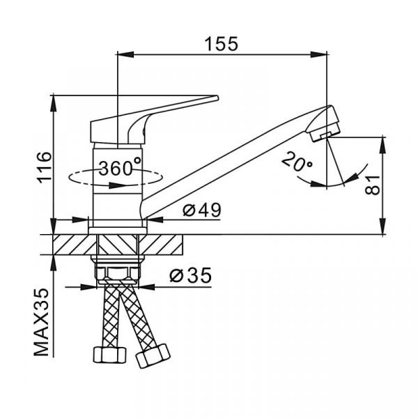 FRAP смеситель для кухни шаровый D35мм , F4513-2, гайка излив 15см